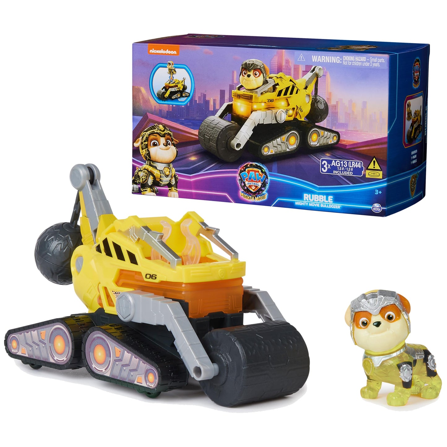 Paw Patrol: The Mighty Movie Construction Toy Truck with Rubble Mighty Pups Action Figure Lights and Sounds Kids Toys for Boys & Girls 3+