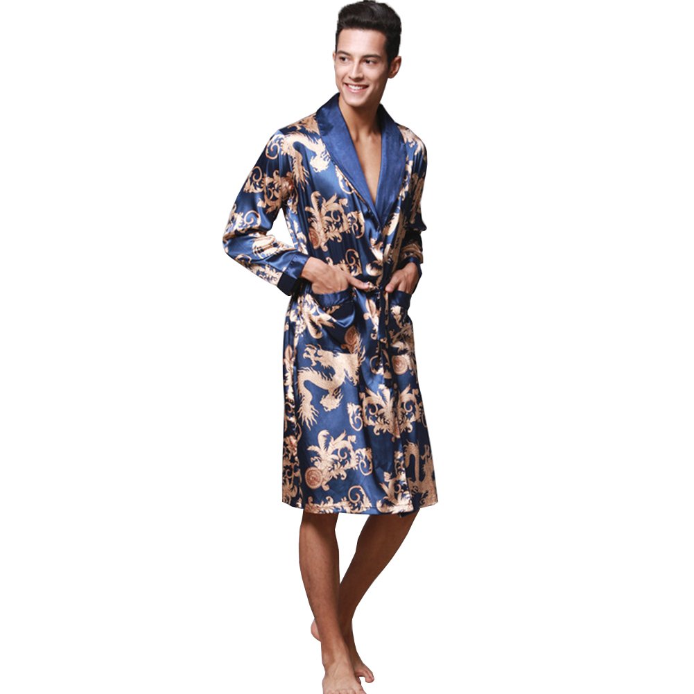 ZUEVI Mens Medium Long Sleeve Satin Kimono Robe Dragon Lightweight Bathrobe Pajamas(BLUE-M)