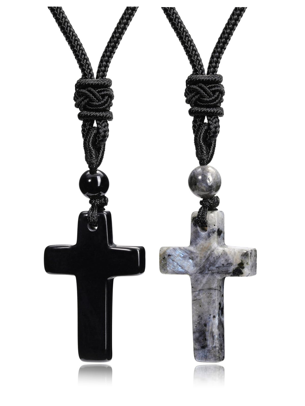 Top Plaza 2Pcs Cross Crystal Necklace for Men Natural Black Obsidian Labradorite Necklaces Healing Gemstone Adjustable Black Rope Necklace Amulet Spiritual Jewelry Christmas Gifts