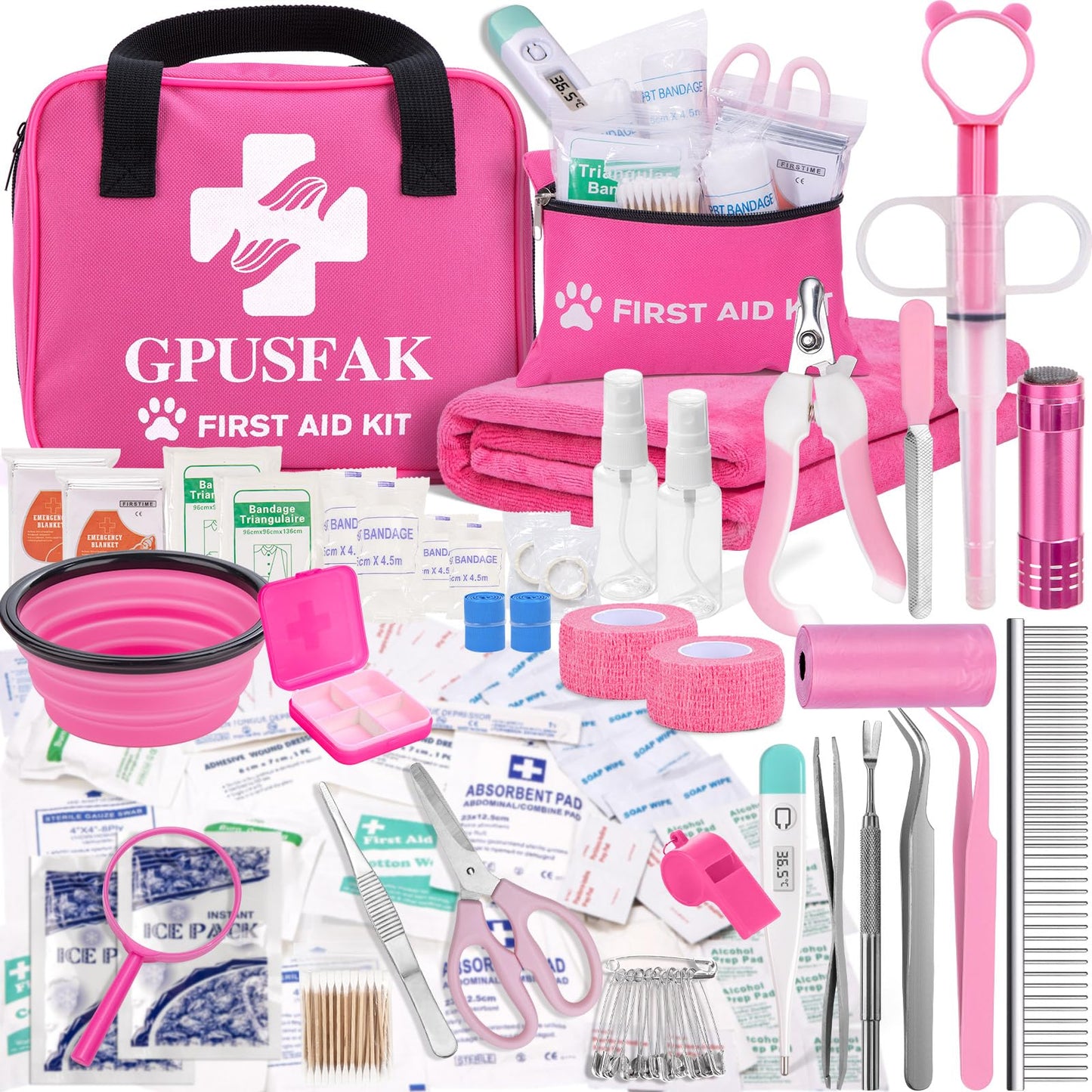 GPUSFAK 136pcs Pink Pet First Aid Kit for Dogs and Cats - Pet Emergency Kit