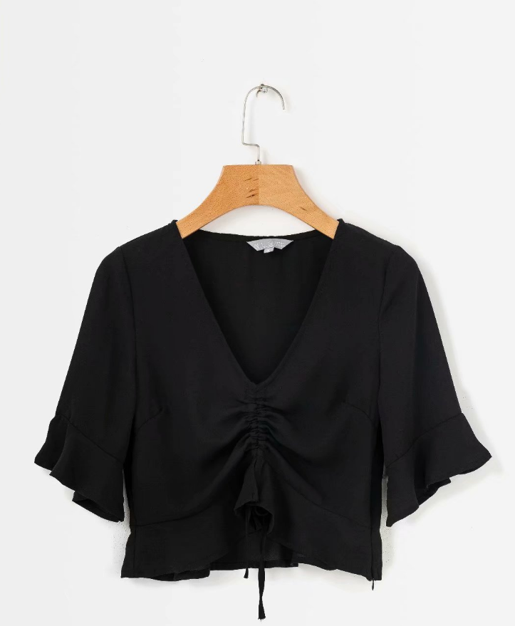 Fashionable Women's V-Neck Ruched Crop Top Shirt