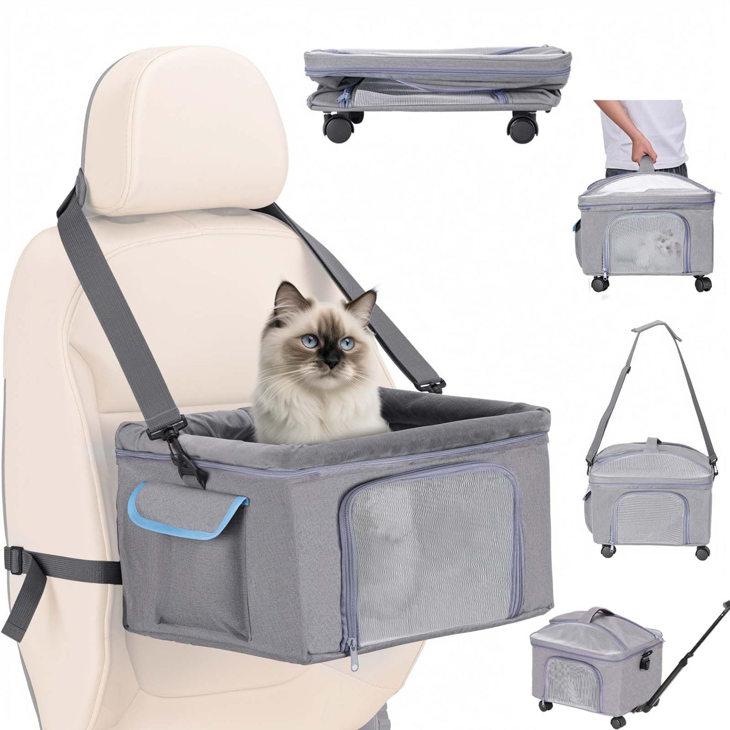 4-in-1 Cat Car Seat and Cat Carrier with Removable Wheels Booster Car Seat