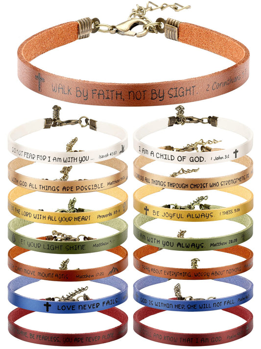 15 Pcs Christian Bracelets for Women Men Inspirational Leather Bible Verse Bracelets (Assorted Color)