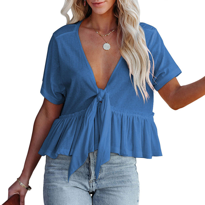 Fashionable Women's V-Neck Ruched Crop Top Shirt