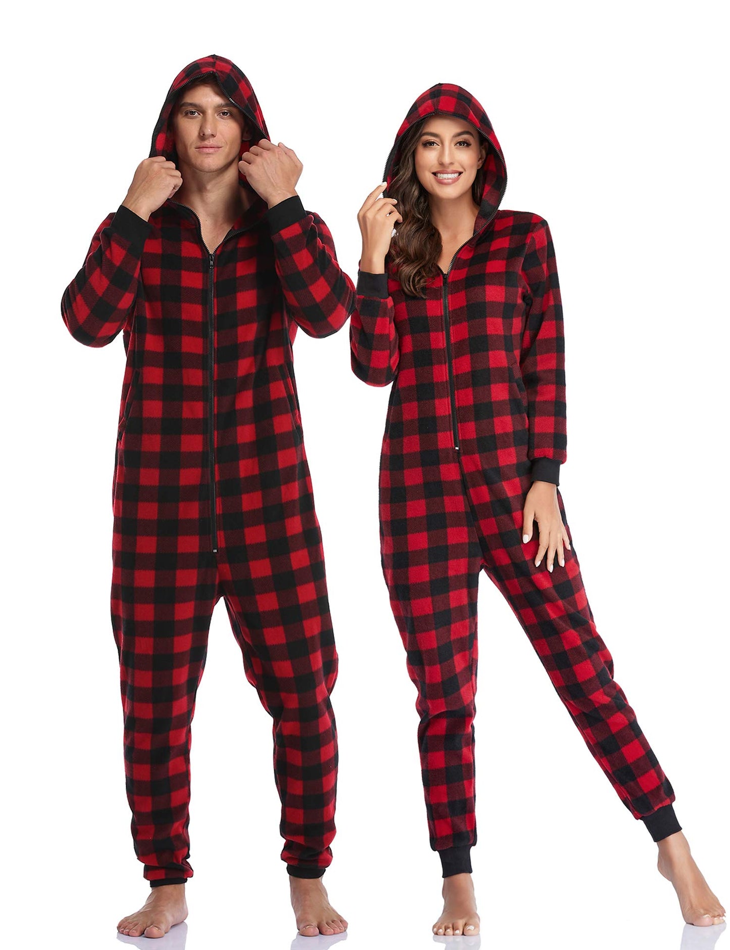 COLORFULLEAF Couples Large Matching Christmas Pajamas for Family Hoodie Plaid Fleece Onesie Full Zipper Jumpsuits(Mens L)