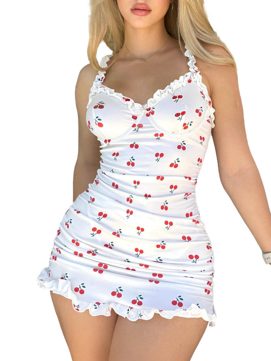 SHENHE Womens Large Ruched Cute Cherry Print Babydoll Lingerie Dress Nightgown with Thong Set White Large