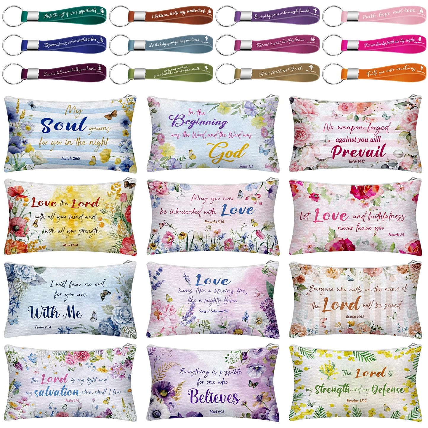 Siifert 12 Pcs Makeup Bags Bulk with 12 Quote Keychains Inspirational Canvas Cosmetic Bags Positive Affirmation Bag Makeup Pouch Christian Gifts for Women Friend Employee(Bible Verse)