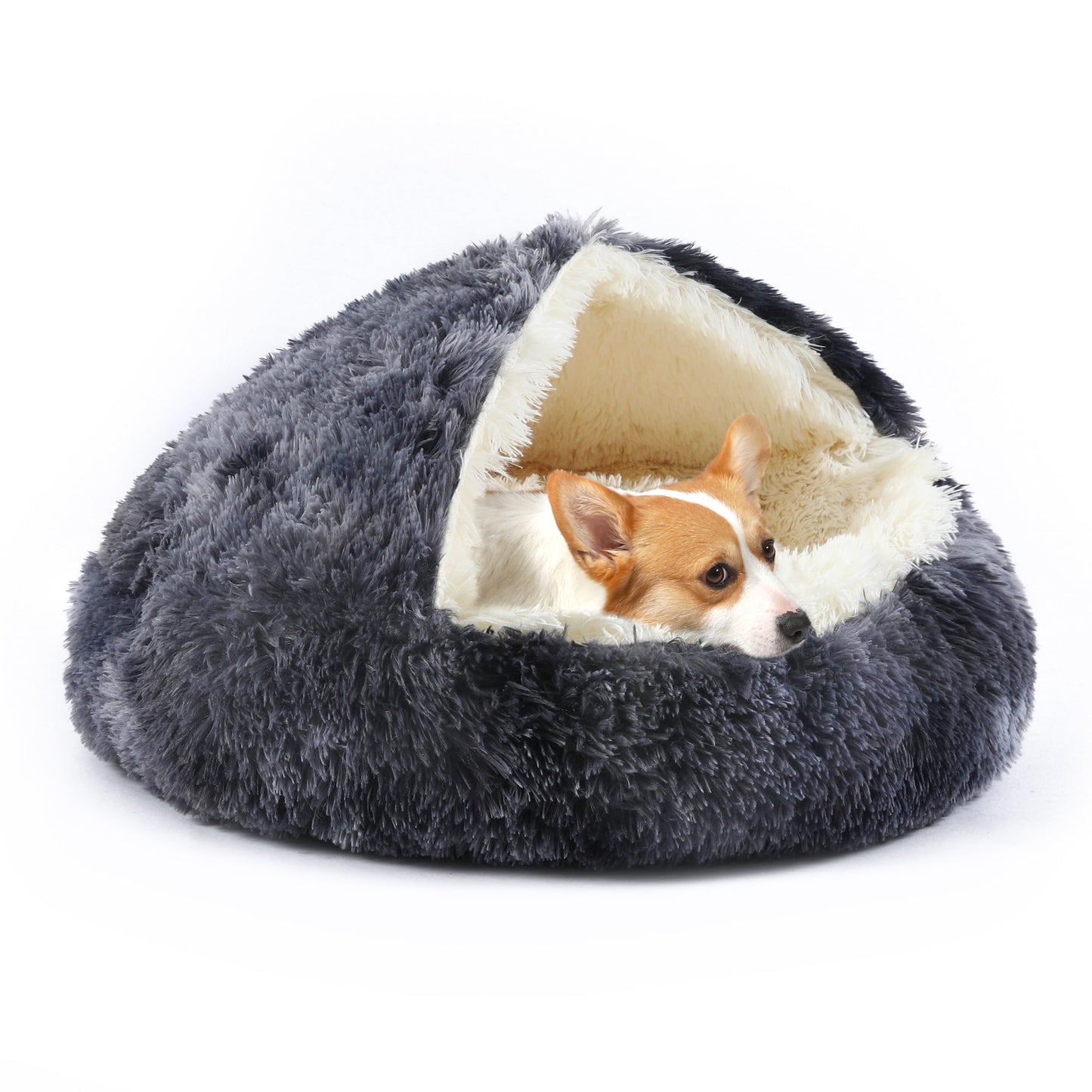 KITTYWOO Dog Bed Round Hooded Plush Cat Cave Self Warming Pet Bed Donut Anti Anxiety