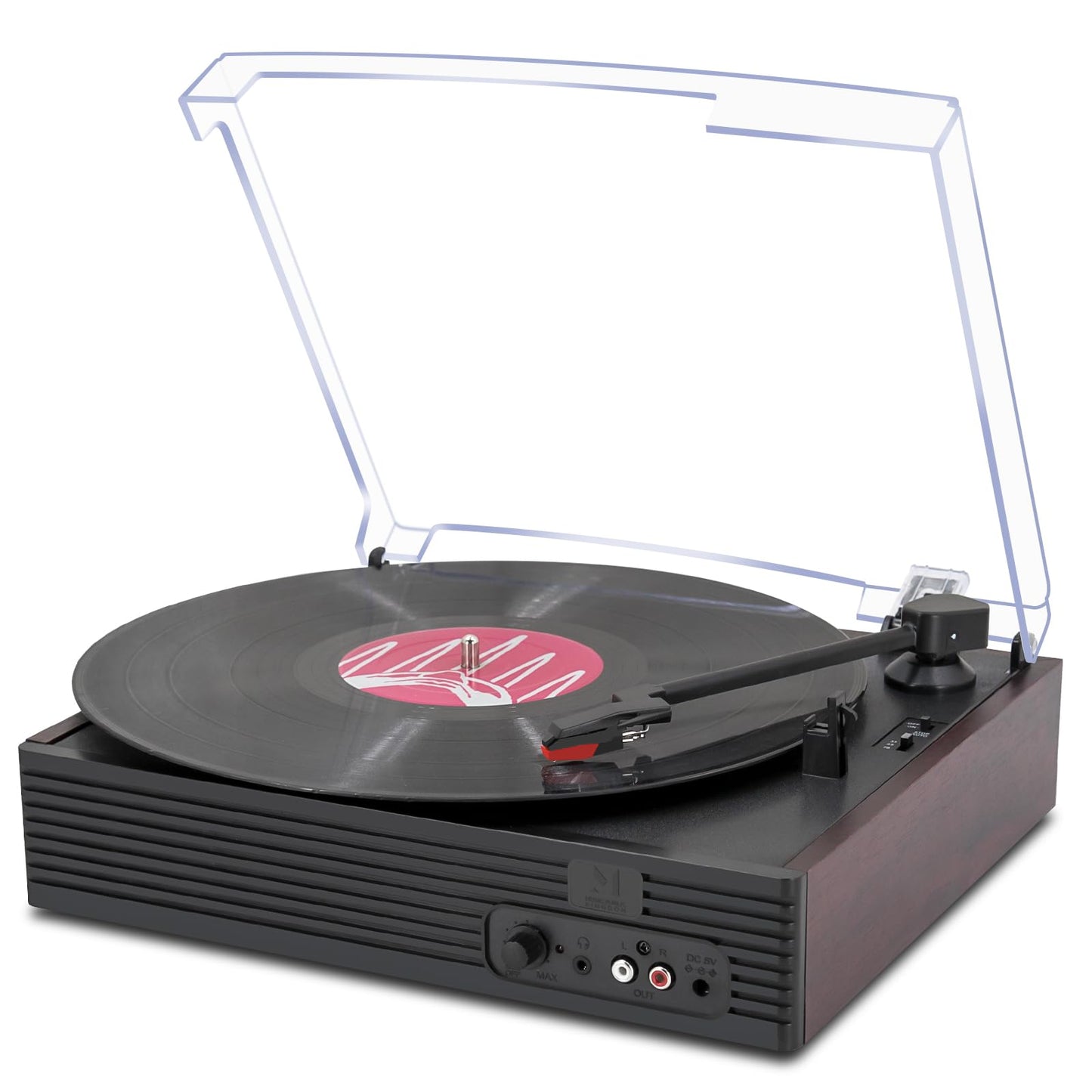 Portable 3 Speeds Vinyl Record Player TurntableBuilt-in Dual Stereo SpeakersBelt DriveRCA OutputAuto StopHeadphone Jack for Home Entertainment Home DecorationRed Wood