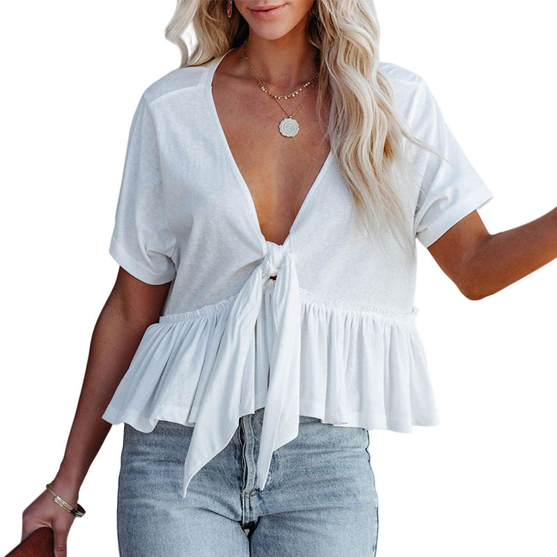 Fashionable Women's V-Neck Ruched Crop Top Shirt