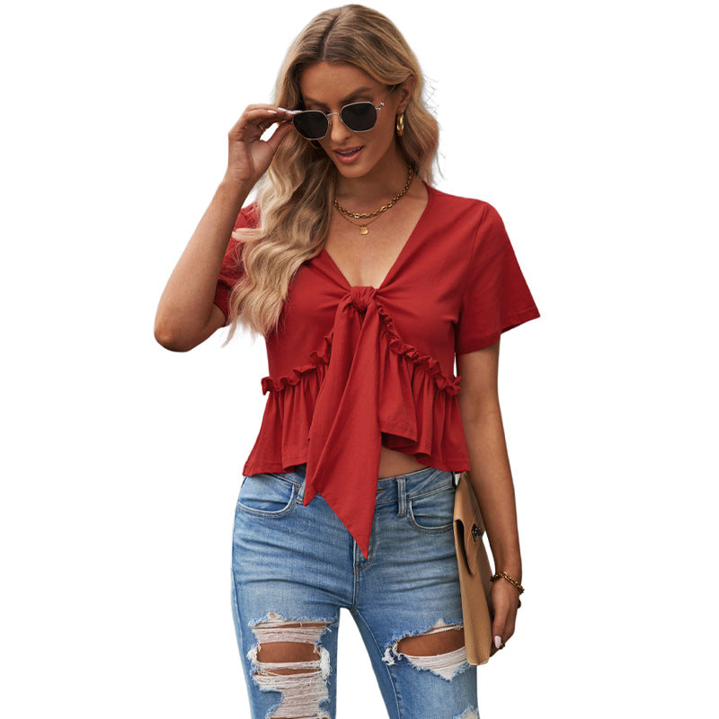 Fashionable Women's V-Neck Ruched Crop Top Shirt