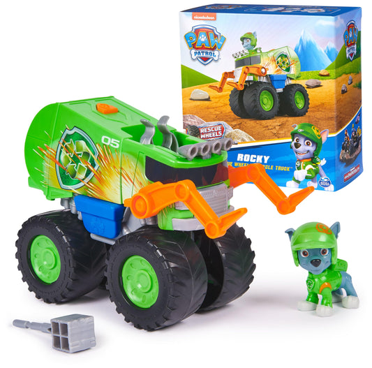 Paw Patrol: Rescue Wheels Rocky’s Recycle Truck Toy Truck with Projectile Launcher and Collectible Action Figure Kids Toys for Boys & Girls Ages 3+