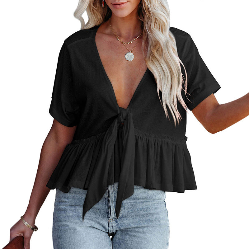 Fashionable Women's V-Neck Ruched Crop Top Shirt