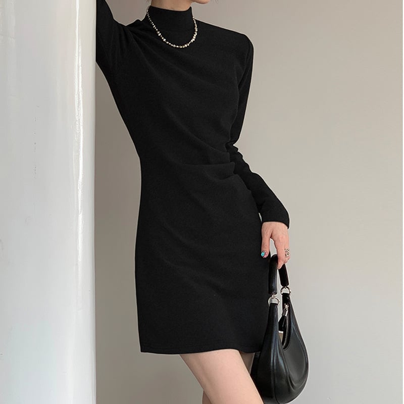 High-Neck Knitted Black Dress for Girls