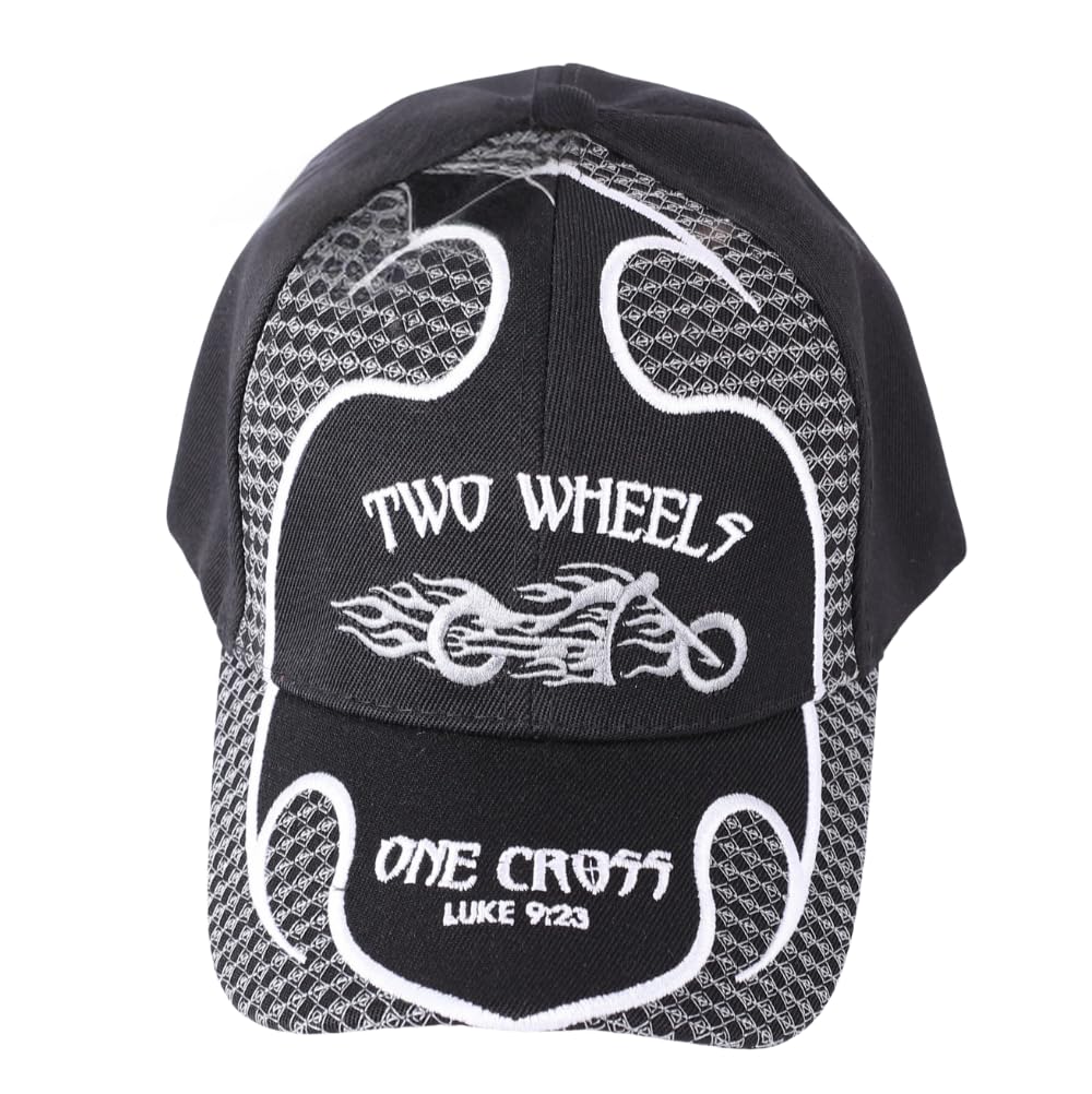 Two Wheels | Black Christian Hats for Men Women Baseball Hat | One Size Adjustable Buckle Strap Baseball Cap | Inspirational Dad Hats for Christians