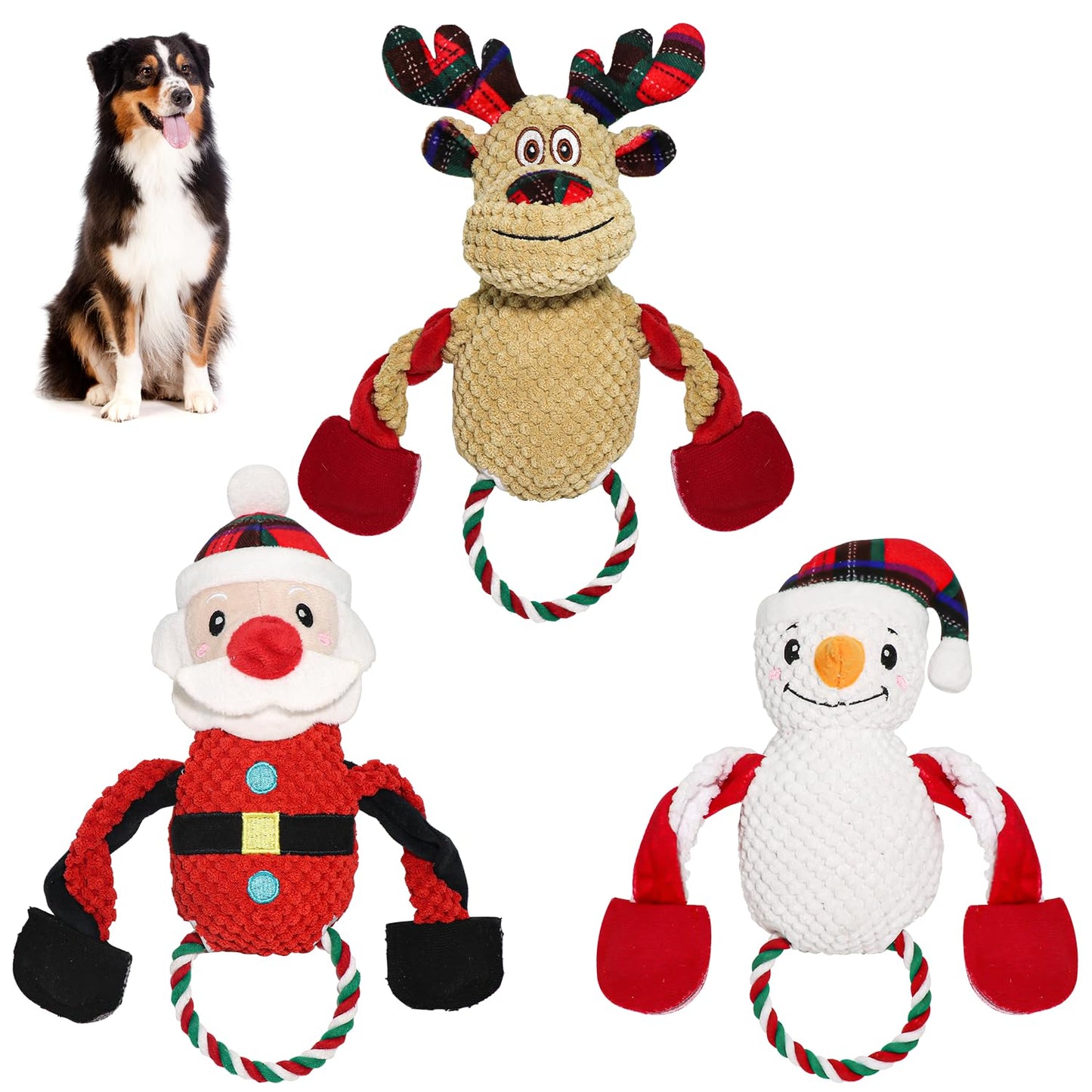 ISKIHO Christmas Dog Toys Dog Squeaky ToySantaReindeer and Snowman Dog Chew ToysStuffed Animals Puppy ToysInteractive Durable Dog Chew Toys (3 PCS)