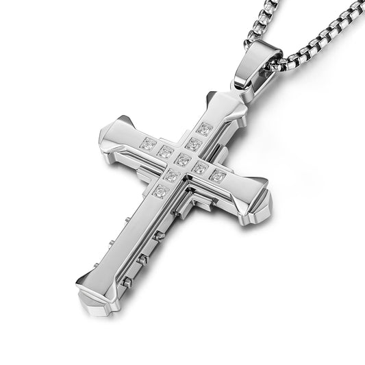HZMAN Religion Mens Large Byzantium Stainless Steel Cubic Zirconia Cross Necklace Pendant 22 + 2 Inch Chain (Silver)
