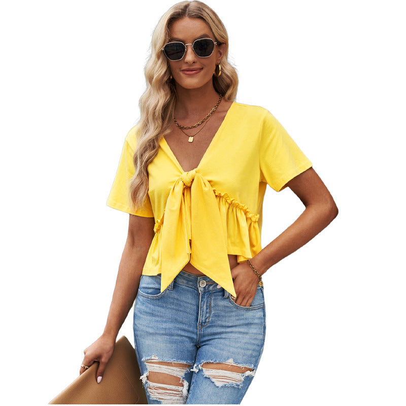 Fashionable Women's V-Neck Ruched Crop Top Shirt