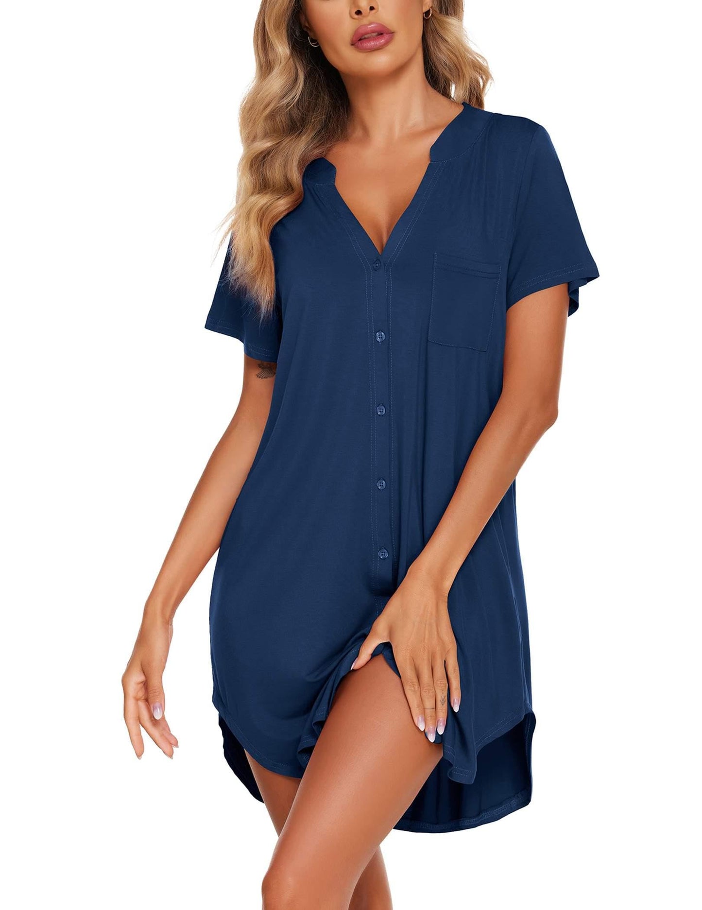 Ekouaer Women Button Down Nightgown Soft Night Gowns Sleepshirts Short Sleep Shirts Navy Blue M
