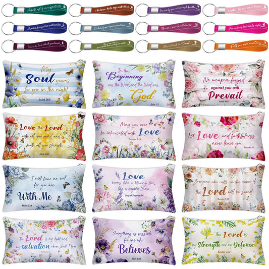 Siifert 12 Pcs Makeup Bags Bulk with 12 Quote Keychains Inspirational Canvas Cosmetic Bags Positive Affirmation Bag Makeup Pouch Christian Gifts for Women Friend Employee(Bible Verse)
