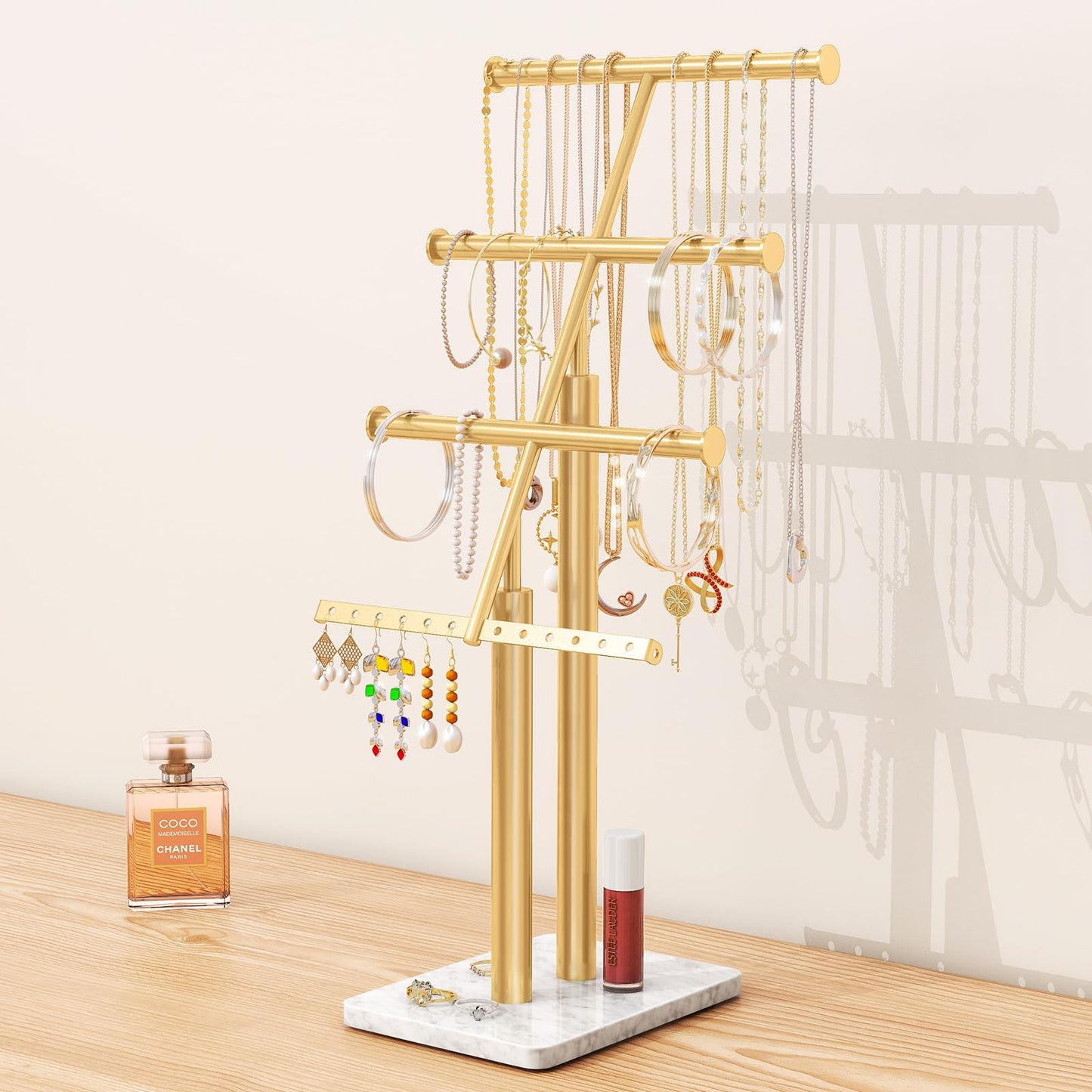 KLJKPA Jewelry Tree Stand Gold Jewelry Organizer with Marble Base 17" Tall Necklace Display Stand with 4-Tier Jewelry Rack Metal Jewelry Holder Necklaces Earrings Bracelets Rings - Gold